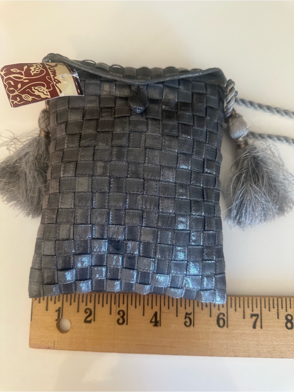 Silver Silk Crossbody Bag Basket Weave Rope Strap Tassle Evening Cocktail NWT - Picture 8 of 9